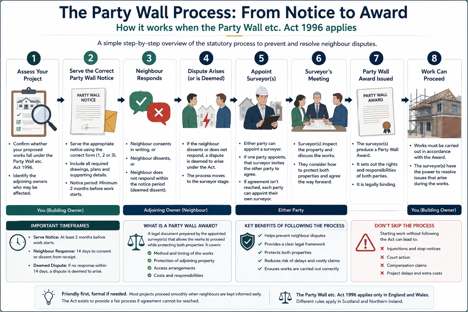 Do I Need a Party Wall Agreement? An infographic showing the party wall process from notice to award in a very interactive way for the citizens living in Rushden, UK