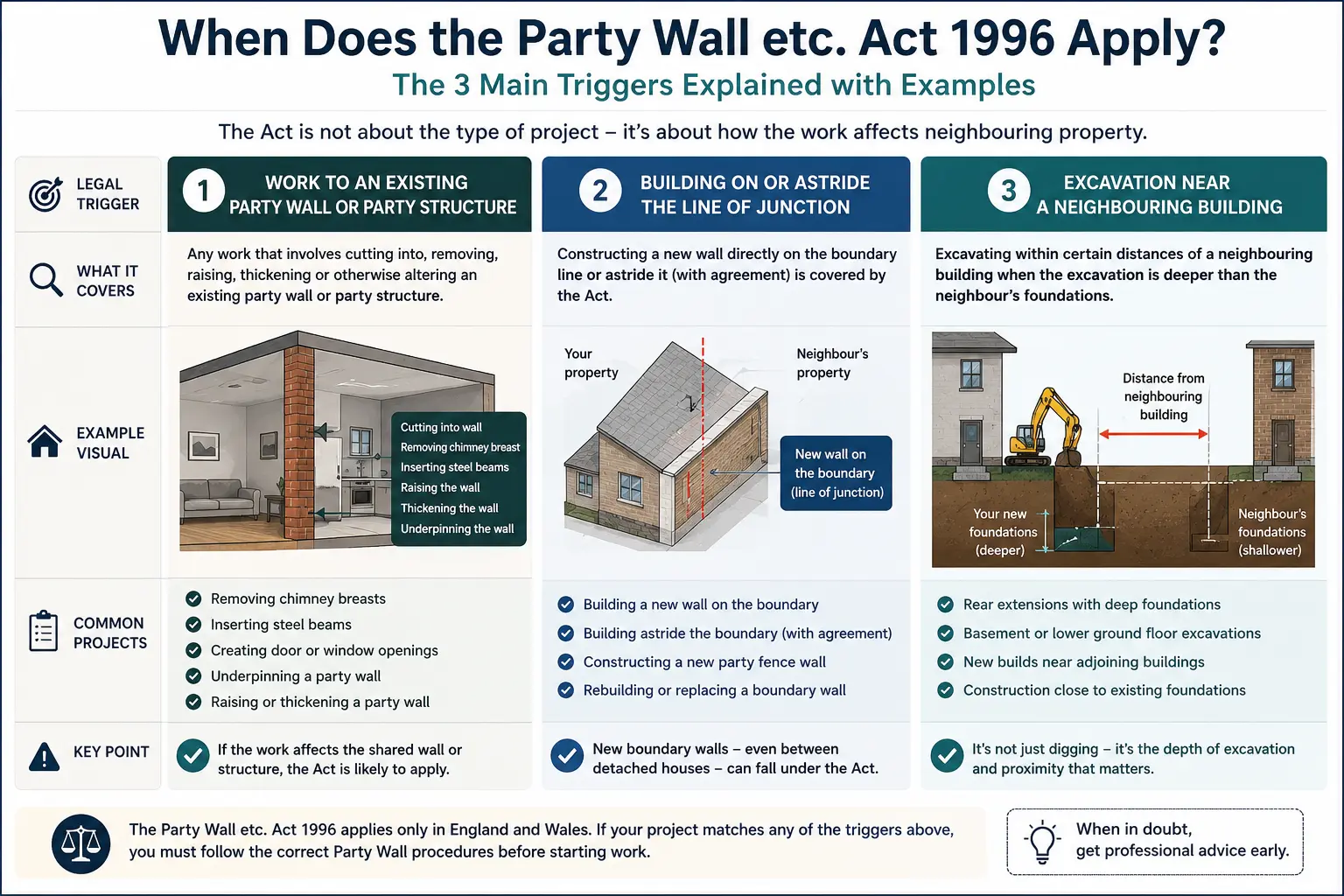 Do I Need a Party Wall Agreement? An infographic showing when does the party wall etc act 1996 apply like excavation, junction, painting, in Rushden, UK